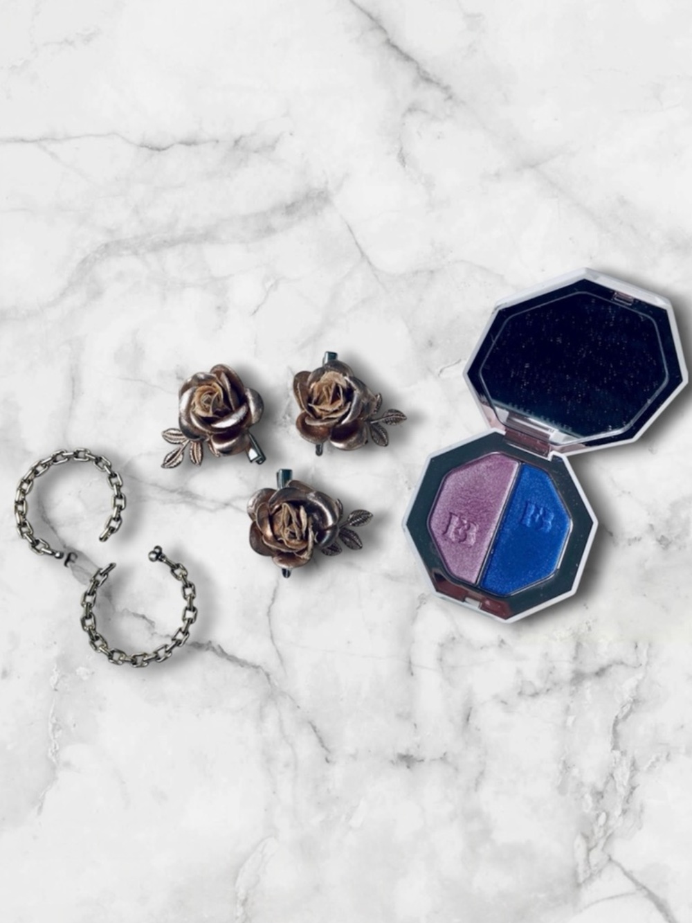 5 for $25 Fenty Beauty, gold earrings, set of rose gold hair clips beauty bundle